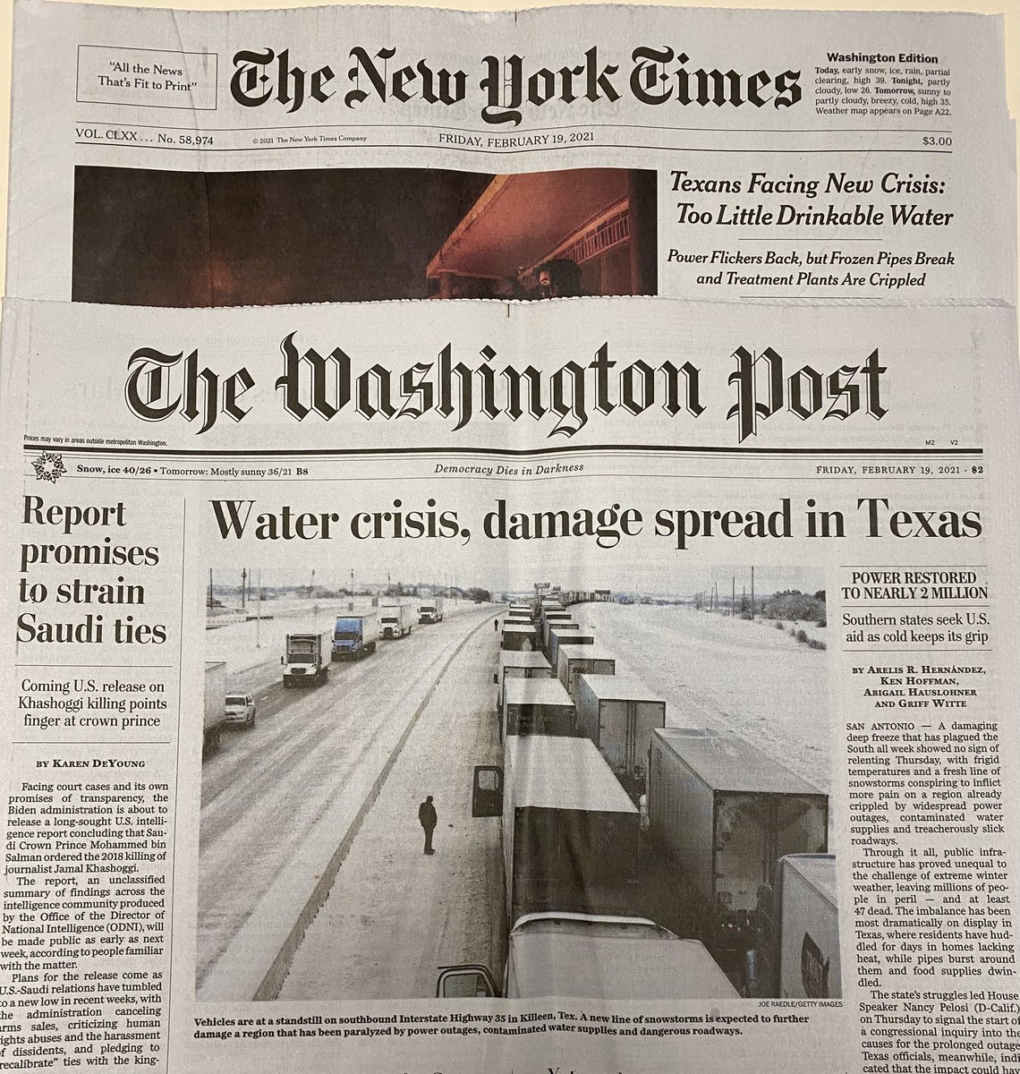 wolfblitzer's tweet image. My heart goes out to everyone in Texas. Check out the Friday morning front page headlines in the @washingtonpost and @nytimes