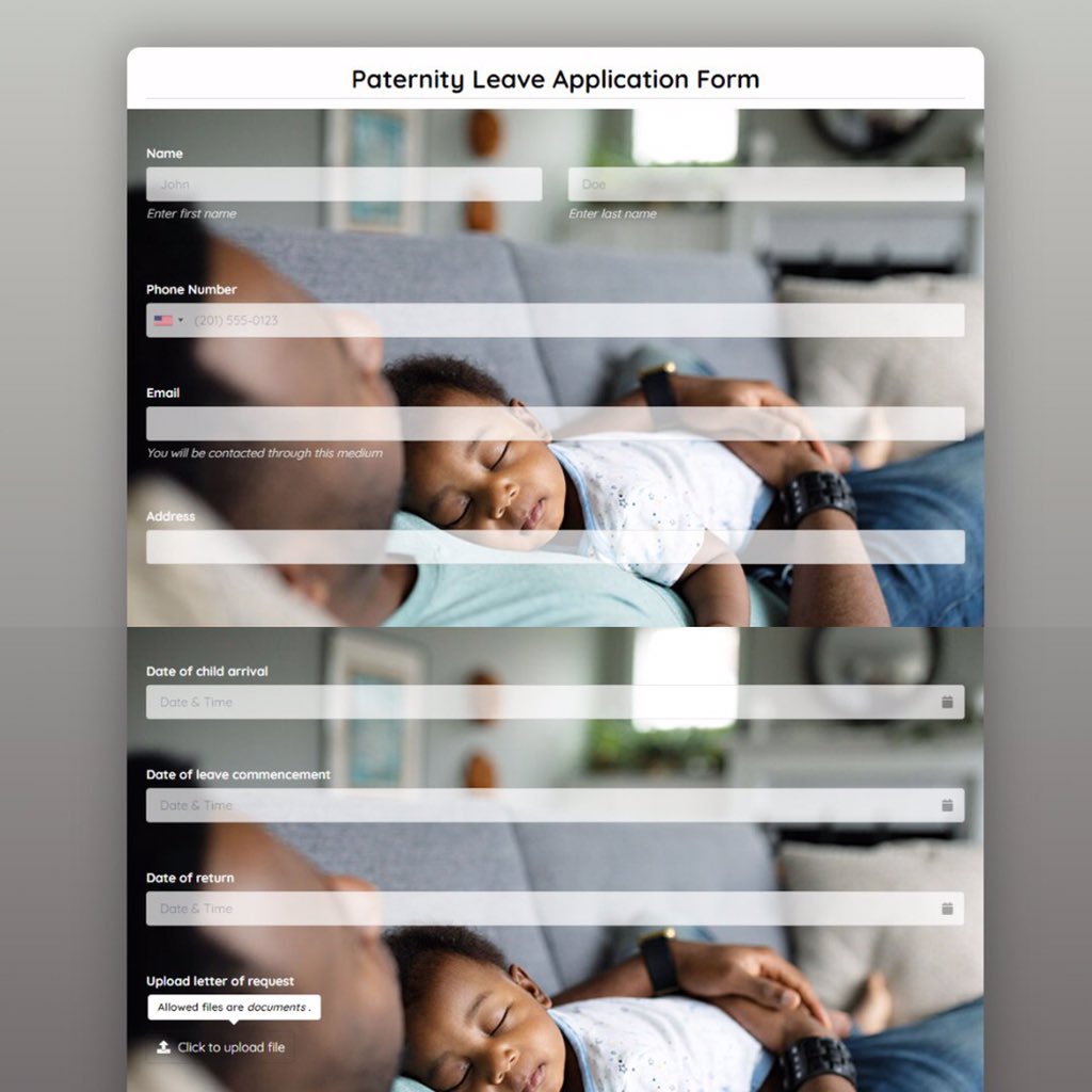 FormPlusApp's tweet photo. Like Scott, dad’s deserve time off too 😅. Give your male employees time off without affecting the workflow and output. 📈

Link to template 👉 https://t.co/sB5PHAhXjI

#paternityleave
#expectingdad
#fatherhood
#humanresources
#workflow
#onlineform
#formplus https://t.co/YJfB711X8J