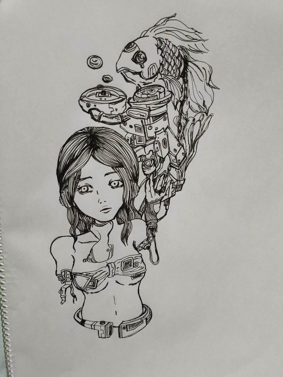 あおイ در توییتر 落書き メカ女子 アナログイラスト ペン画