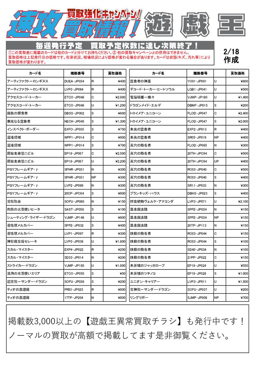 遊vic中野店 遊戯王 買取情報 枚数限定強化買取表になります ｐｓｙフレームギアg N Np 300買取 召喚獣 メルカバー Sr 400買取 墓穴の指名者 Sr 400買取 暴走魔法陣 N Np 150買取 プランキッズハウス Sr 400買取 等 現在人気カード