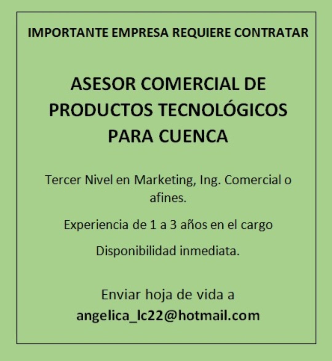 XavierBermudezL's tweet photo. 🚨 A-T-E-N-C-I-Ó-N 🗣️
Oportunidades Laborales ⤵️
#MDTCuenca | a través de nuestra bolsa de trabajo @SocioEmpleo_EC impulsamos la empleabilidad en el Azuay, no pierdas la oportunidad de postular a diversos cargos para importantes empresas e Instituciones.
Ministro @andresisch https://t.co/iOYmPrJnEv