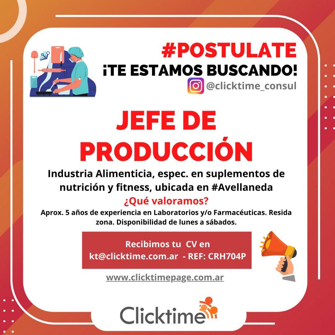 info_clicktime's tweet photo. Hola! #Postulate
Enviá tu #CV a kt@clicktime.com.ar REF CRH704P
o en nuestro BLOG https://t.co/421hpus8BL
#RETWEEET
#trabajaconnosotros
#ofertaslaborales
#ofertasempleo
#clicktime https://t.co/4PpA4bGGHt