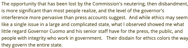 In light of Gov. Cuomo's threatening phone call to  @rontkim, here's what I wrote about my experience as Moreland Commission Investigate Public Corruption special counsel (2013-2014).Obfuscation, bullying, fear of retaliation - this is who he is, this is how he governs. (Thread)