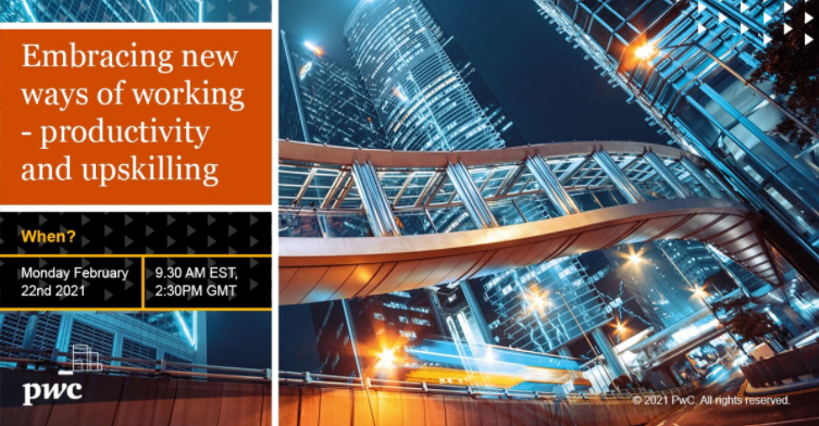 Sustainable #productivity improvement is key for #financialservices, but a challenge without a strategy and measurable goals. Join us Feb. 22 for: Embracing new ways of working - productivity and #upskilling. #NewWorldNewSkills pwc.to/3mnuiv2