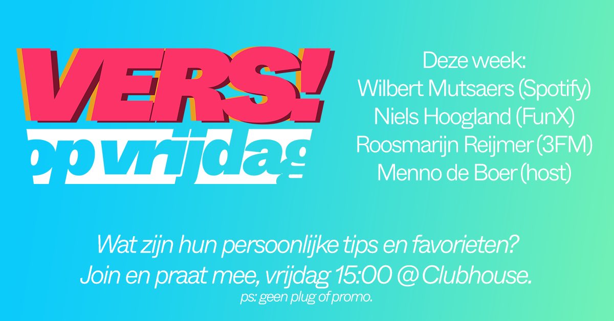 Vanmiddag voor de 2e x op Clubhouse host ik om 15h Vers op Vrijdag: de beste nieuwe muziek! Geen Clubhouse? DM me.