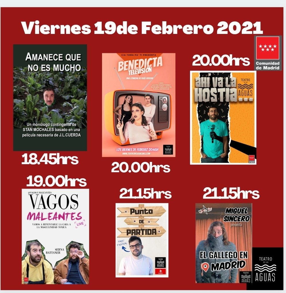 teatrodlasaguas's tweet photo. #VIERNES y te esperamos en el @teatrodelasaguasmadrid a partir de las 18.45hrs con una programación de lujo,  ven a pasarla bien con amig@s, familia, pareja, tu sol@ 😃#CulturaSegura #monologosenmadrid #MADRID #barriolalatina  #planesenmadrid #madridoff #teatro  #HacemosEventos https://t.co/q6NKdK24x6
