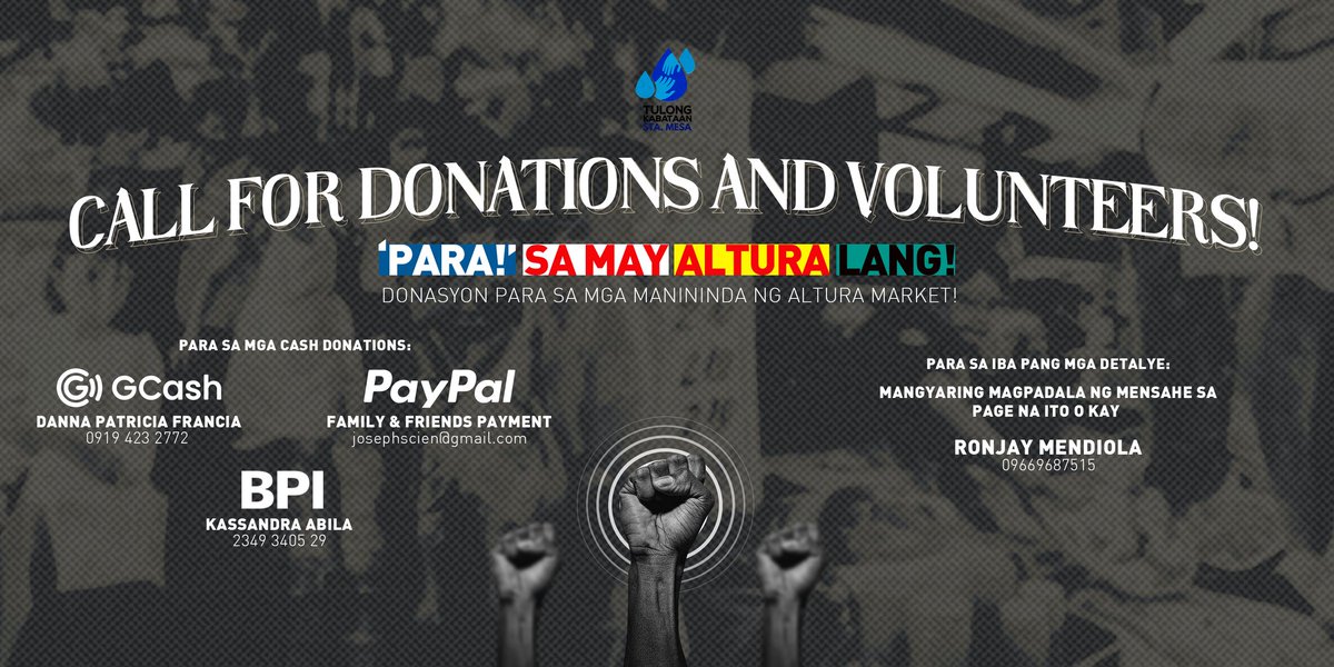 tkstamesa's tweet photo. CALL FOR DONATION: "PARA" SA MAY ALTURA LANG! 

Hindi mo na lang basta babaan ang Altura dahil pukaw atensyon ang panawagan ng mga manininda. Habang  butas ang bulsa ng mamamayan sa pagtaas ng mga bilihin ay siyang pagkalugi ng mga manininda. (1/n) https://t.co/Q8gtxRNq2Z