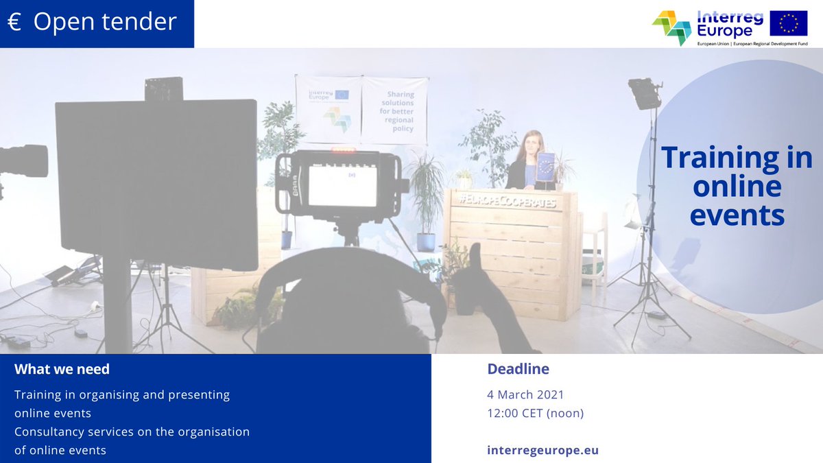 interregeurope's tweet photo. 📢 Open tender: training in online events

We are looking for an expert in online events to prepare and carry out a training for the 3 programmes @Interreg2Seas @INTERREG_NWE @interregeurope and the @UIA_Initiative!

Interested? Learn more: https://t.co/HGnMwEmvqO https://t.co/lpr2ZES58m