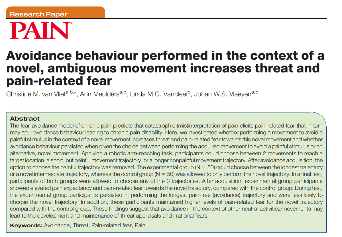 meuldersann's tweet photo. Our paper on how #painrelated #avoidance performed in response to novel movements #paradoxically #increases #threat and #fear is now published in @PAINthejournal: the cherry on the cake of Christine van Vliet's PhD thesis! 🍾🥂👩‍🎓🥳#proudsupervisor @EHP_Maastricht @OGPLeuven https://t.co/BQaytRZddu