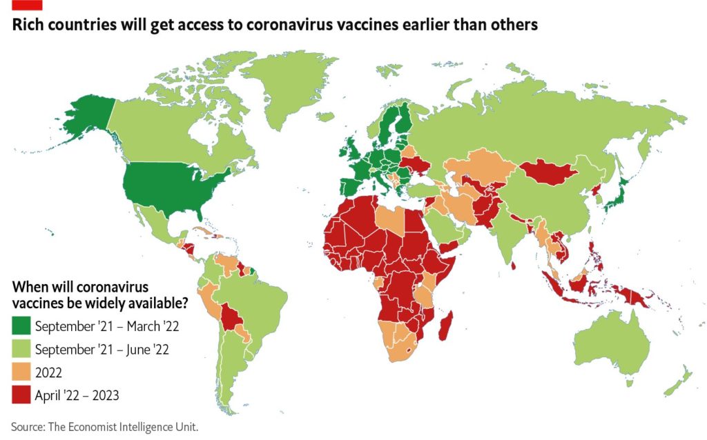 I keep going back to this map from  @theeconomist's intelligence unit. It's color-coded to show when countries are expected to reach general vaccine availability:  https://www.eiu.com/n/rich-countries-will-get-access-to-coronavirus-vaccines-earlier-than-others/