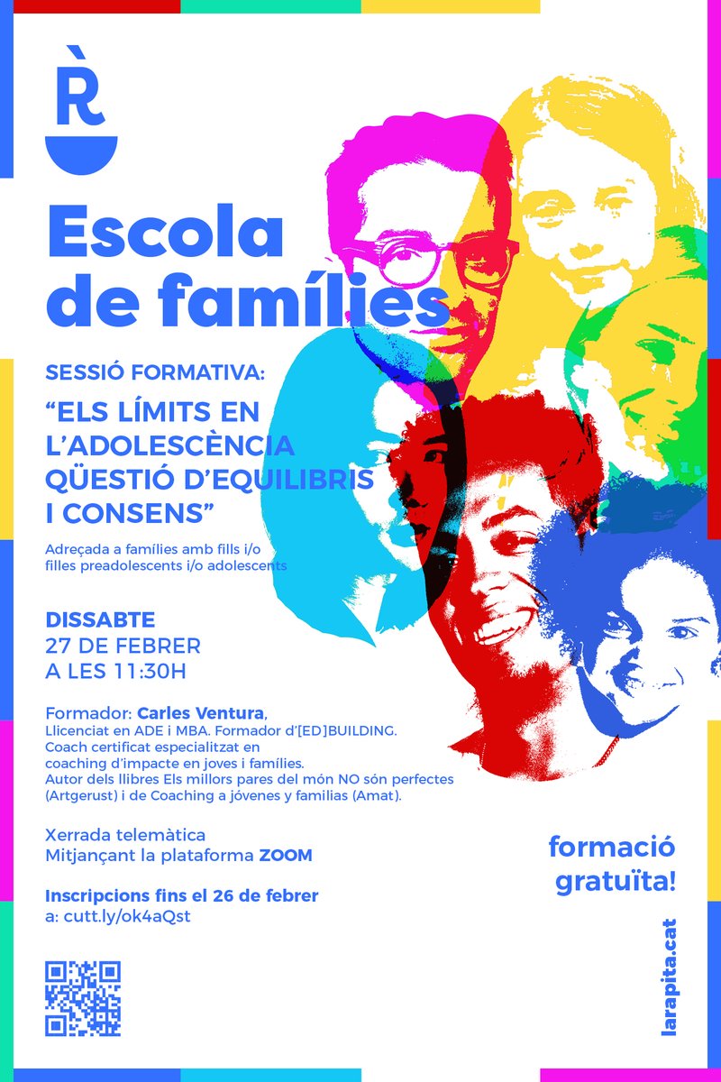 ajlarapita's tweet photo. 💬 El dissabte 27 de febrer, a les 11.30 h, tindrà lloc la primera formació telemàtica de l'Escola de famílies: 'Els límits en l'adolescència, qüestió d'equilibris i consens', a càrrec de Carles Ventura. 

📝 Inscriu-te abans del 26 de febrer: https://t.co/AAcSGO8JjU https://t.co/me4KZYMRQO
