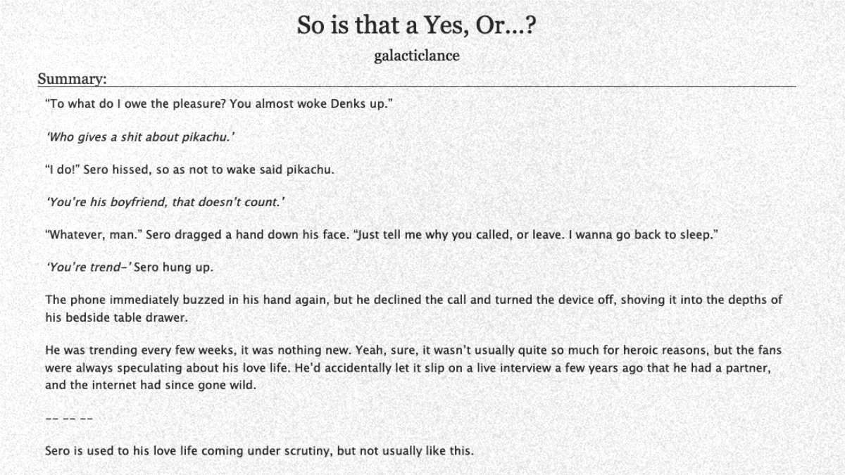 galacticlance's tweet photo. ---o---
So is that a Yes, Or...?

• Serokami
• Post-canon
• Written for @dangertheorist as a part of @KmsrExchange 
• Background shindeku  
• No Archive warnings
• 9663 words
---o---
https://t.co/xcE9FRSQKc
---o---
#bnha #mha #kamisero #sero #kaminari #serokami https://t.co/ZqHrASvuIU