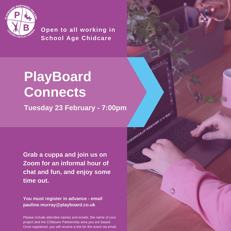 School Age Childcare providers - join us on Tuesday evening for an informal Zoom hour

☕️PlayBoard Connects 
📅Tuesday 23 February
🕙7 - 8pm
➡️Email: pauline.murray@playboard.co.uk 

We’re planning some online games &amp; a quiz and we’d love you to join us for some time out
