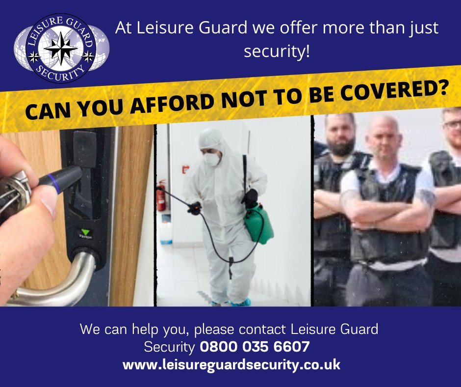 LeisureGuardSec's tweet photo. At Leisure Guard we offer more than just security!
We offer
Court enforcement services
Commercial cleaning services
Fire and security systems
We can ensure all these aspects of your business are covered in one place.
#courtenforcement #commercialcleaning #fireandsecuritysystems https://t.co/E6pNVT4UKq