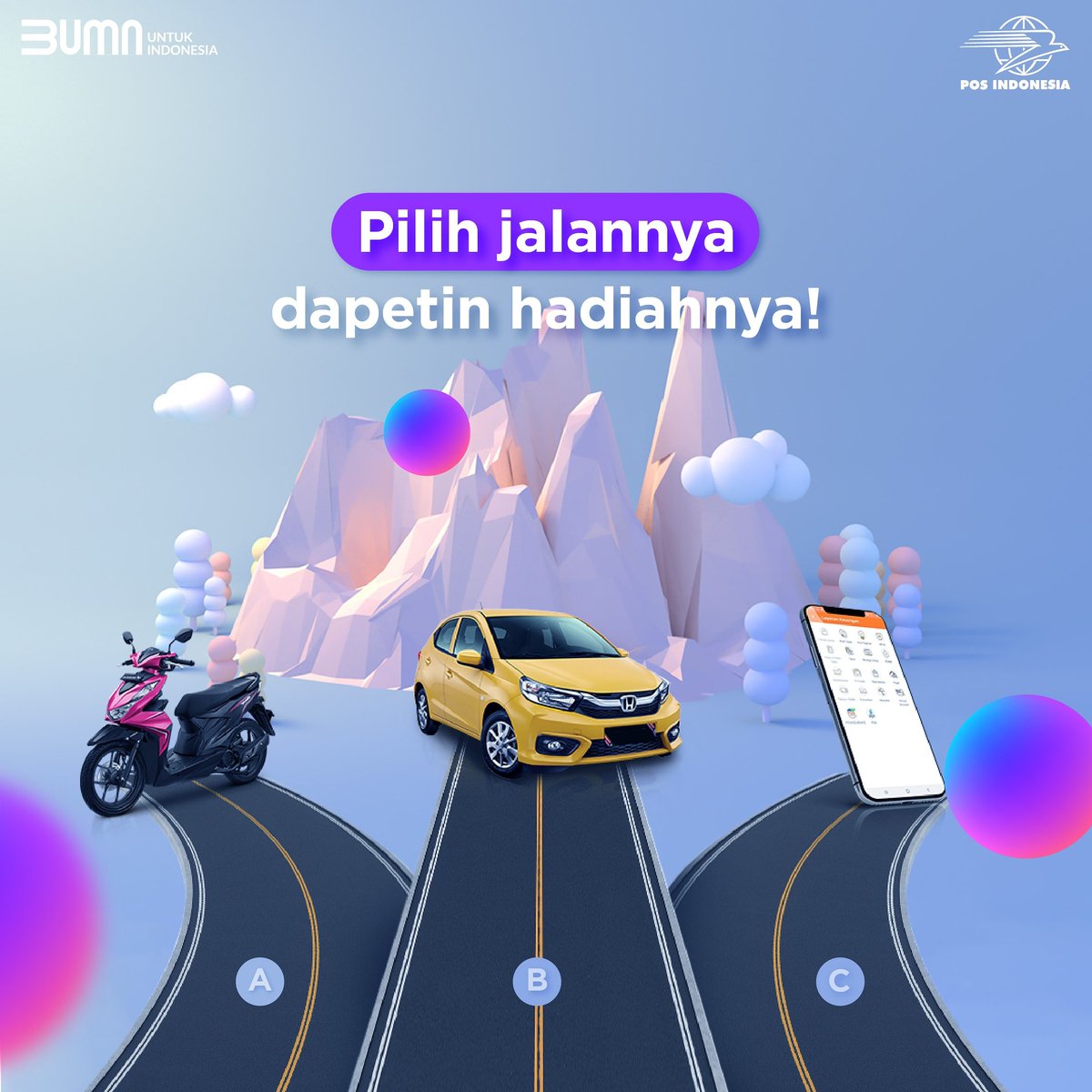 PosIndonesia's tweet photo. Sahabat, ayo coba dipilih..Kira-kira feeling so good km jln A, B or C?
Dan spy jd nyata, gercep mulai dr skrg kirim paket di #PosIndonesia byr ongkirnya lewat #PosgiroMobile dan byr tagihan lewat #PosgiroMobile.
Masih ada wkt 9 hr lg untuk ikutan #PosCustomerReward periode 3 ya! https://t.co/r8D5F3ZJOO