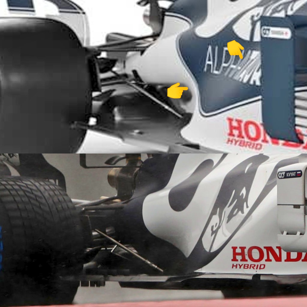 En pontones parece Alpha Tauri sacrifica el perfil para acentuar la rampa de parte superior a base del fondo. Corte en fondo para nuevas reglasOn the sidepods, seems that Alpha Tauri has worked to increase the ramp from the top to the floor. Cut on the floor due regulations
