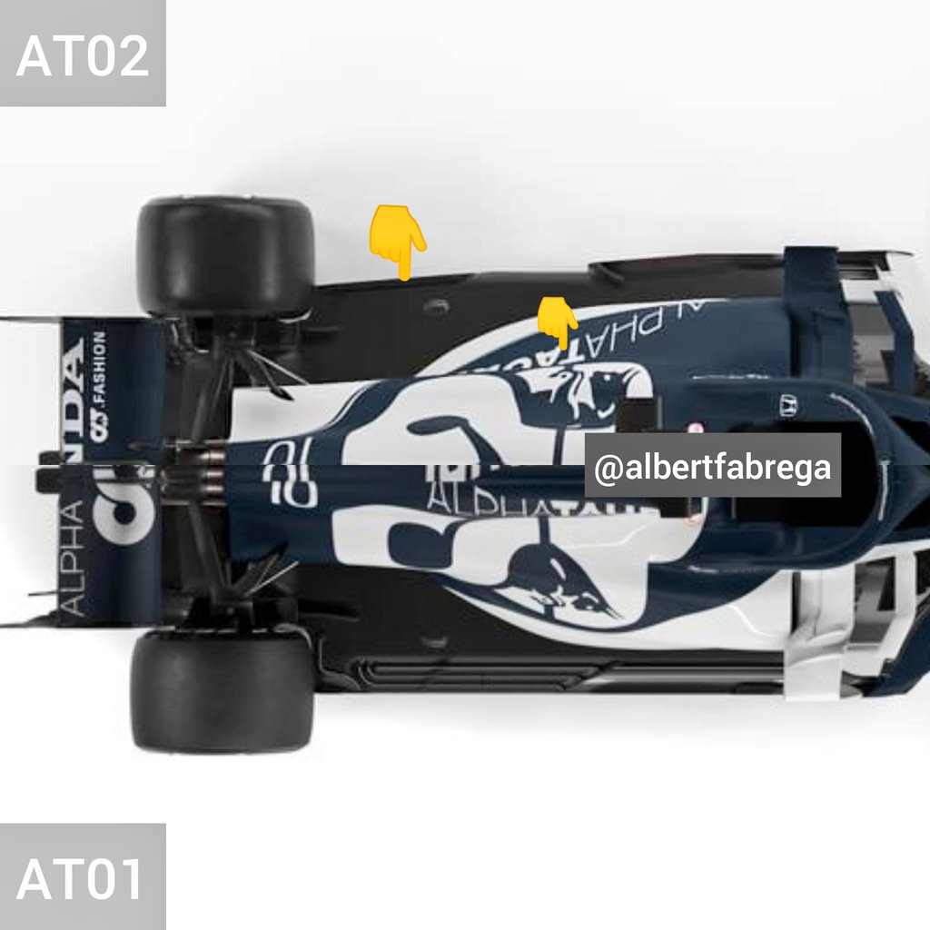 En pontones parece Alpha Tauri sacrifica el perfil para acentuar la rampa de parte superior a base del fondo. Corte en fondo para nuevas reglasOn the sidepods, seems that Alpha Tauri has worked to increase the ramp from the top to the floor. Cut on the floor due regulations