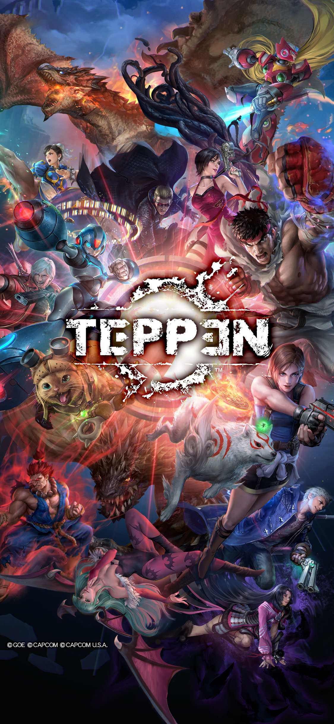 Playteppen Asia 21年3月アップデート記念壁紙24 全ヒーローここに集結 Teppen 新メインビジュアル ストリートファイター ロックマンx ヴァンパイア バイオハザード Dmc モンスターハンター 戦国basara 大神 Wallpaper T Co