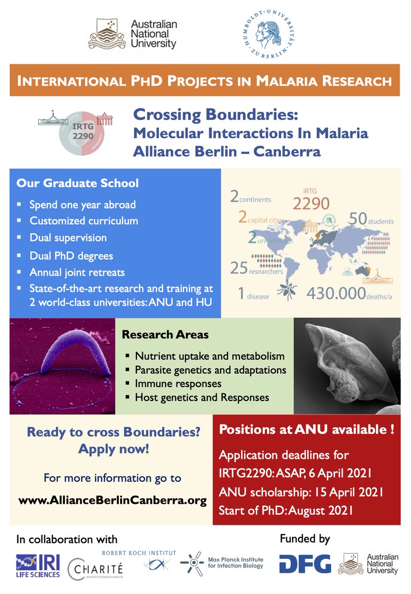 IRTG2290's tweet photo. Call for applications reopened : Dual PhD in Malaria research in Canberra and Berlin - 3 positions based at ANU available - apply here: https://t.co/Lq7aLf9cUG https://t.co/MJrvW3mD8f