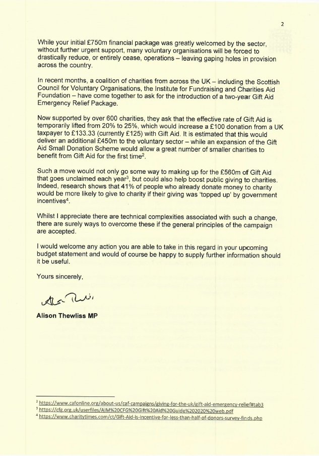 Charities have helped keep our communities resilient during Covid, proving they are #NeverMoreNeeded. With demand up and donations down, I’ve written to the Chancellor to ask he introduce a #GiftAid emergency relief package to boost giving to the sector. <a href="/scvotweet/">SCVO</a> <a href="/CIOFScotland/">Chartered Institute of Fundraising Scotland</a>