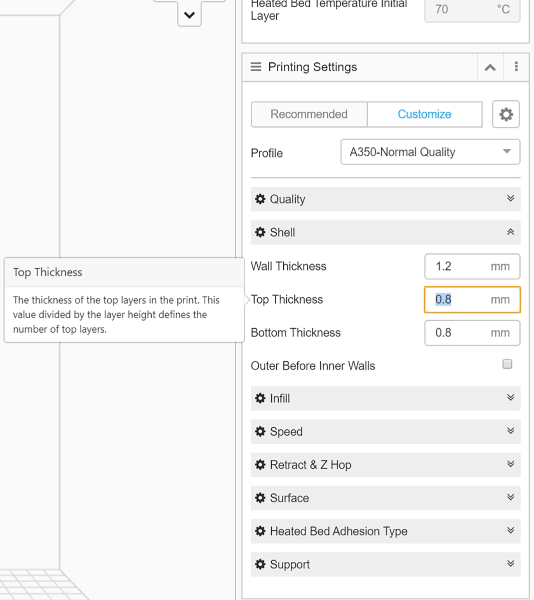 snapmaker's tweet photo. Sometimes you may find holes or gaps on the surface of your print, especially where the model curves. You can try increasing "Top Thickness" in customized printing settings to solve this problem. #SnapTips💡 https://t.co/JYafOgX7Sn