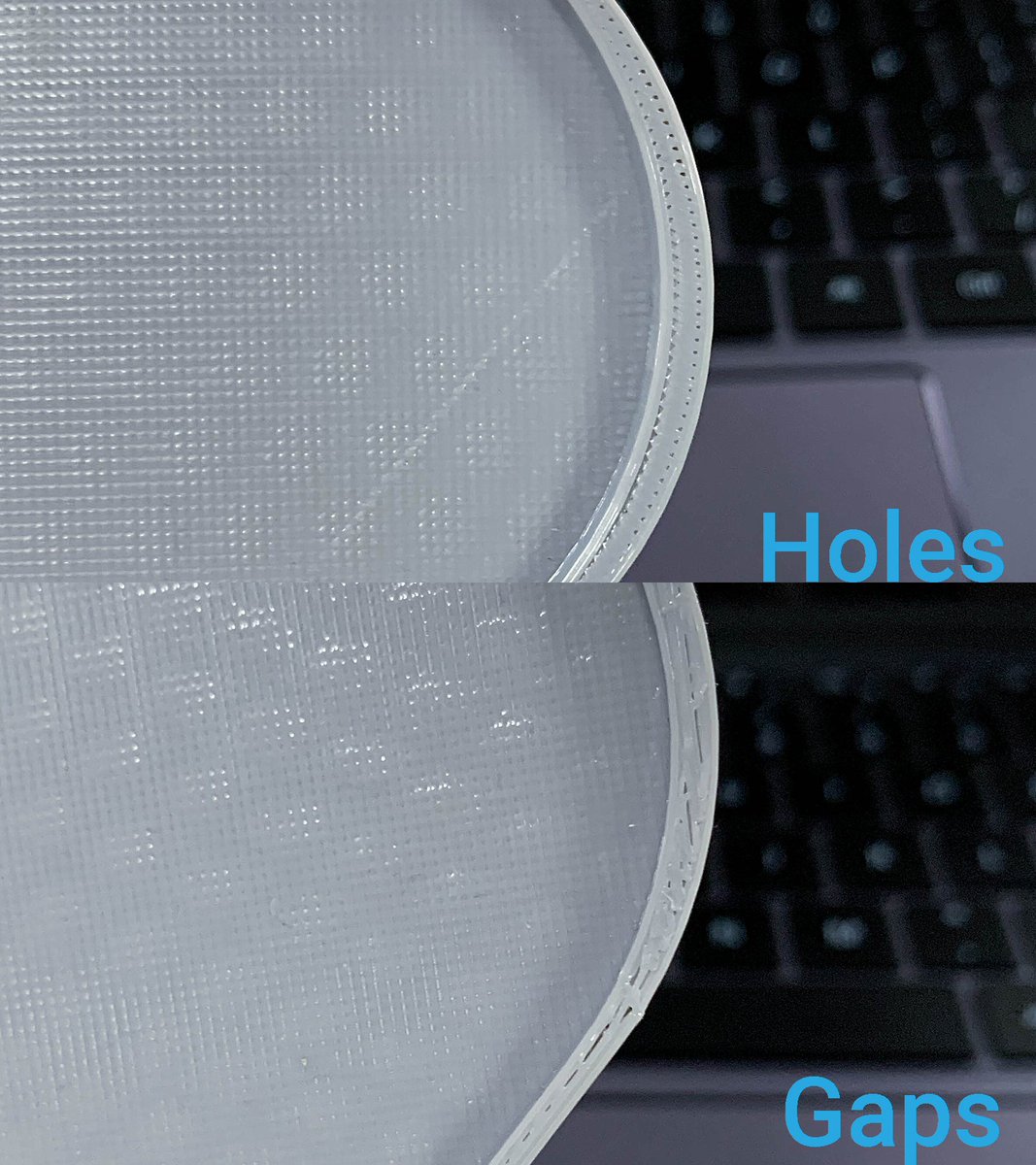 snapmaker's tweet photo. Sometimes you may find holes or gaps on the surface of your print, especially where the model curves. You can try increasing "Top Thickness" in customized printing settings to solve this problem. #SnapTips💡 https://t.co/JYafOgX7Sn