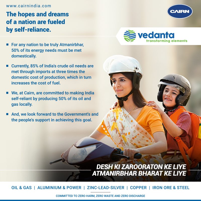 Vedanta_Group's tweet photo. To ensure #India becomes self-reliant, domestic production of oil and gas should be our top priority. @CairnOilandGas is committed to bolstering the energy security of the nation by producing 50% of Oil &amp; Gas locally. #AatmanirbharBharat
#DeshKiZarooratonKeLiye https://t.co/3vcDUooFGT