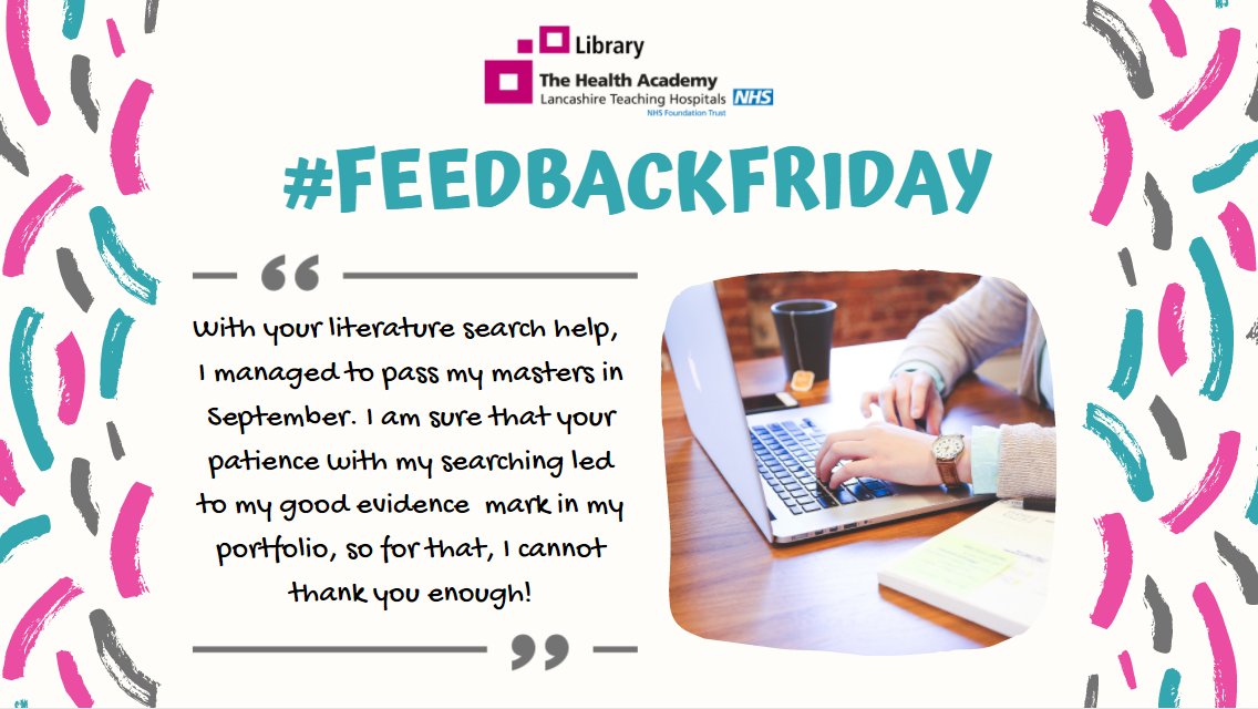 LancsHospLib's tweet photo. This week's #FeedbackFriday comes from a Library user who wanted to thank @EmilyHHurt for her literature search training. We're currently providing virtual training sessions, email the Library to book! π library@lthtr.nhs.uk #LibraryFeedback #LTHTrFindingEvidence π https://t.co/1gM0AuQkKe