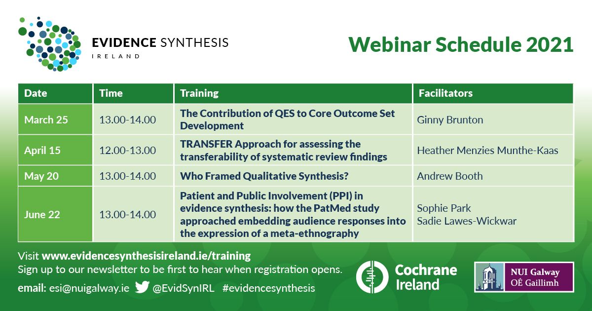📣Here is the webinar schedule for the next few months, save the dates 📆
Upcoming webinars on a range of #evidencesynthesis topics including #QES, #systematicreviews #PPI #CoreOutcomeSets 

Registration for the March webinar is now live: buff.ly/2BuAnE1