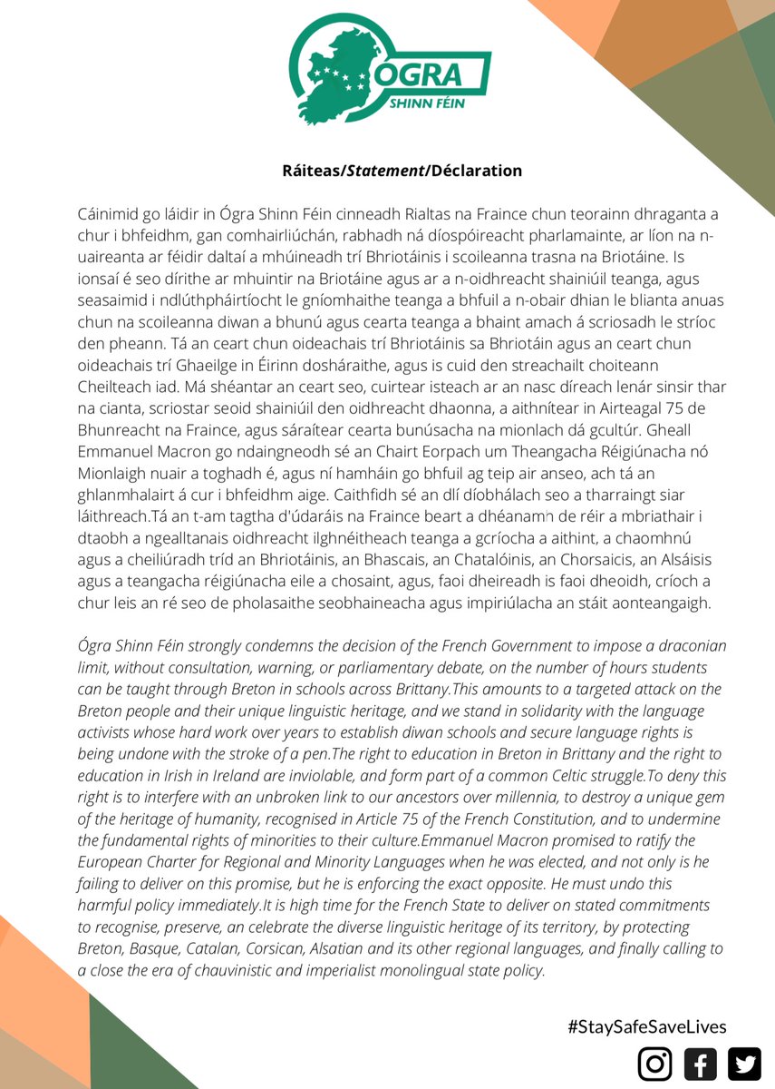 Ogra_SF's tweet photo. 🚨RÁITEAS🚨

Cáineann Ógra SF ionsaí Rialtas na Fraince ar mhuintir na Briotáine agus a dteanga. 

Ógra SF condemns the French Government's attack on the people of Brittany and their language. 

Is féidir ár ráiteas iomlán a léamh thíos / Our full statement can be read below. https://t.co/e8EUvuAXVL