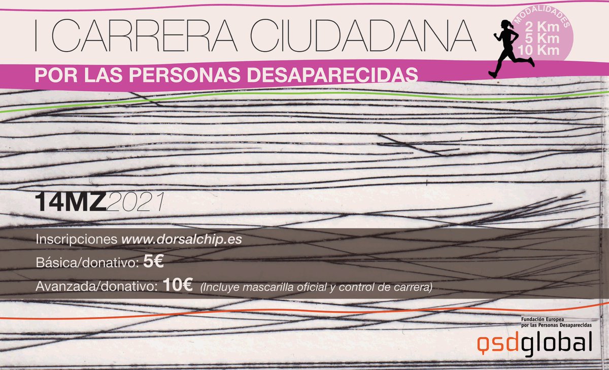 CARRERA CIUDADANA POR LAS PERSONAS DESAPARECIDAS
Te invitamos  a participar en esta I Carrera ciudadana para conmemorar y recordar el Día de las personas desaparecidas👇
 bit.ly/3dtpseO

➡️Dom 14 Mar
🏃‍♀️Recorrido 2, 5 ó 10km
📍Todos los lugares
#carreraporlosdesaparecidos