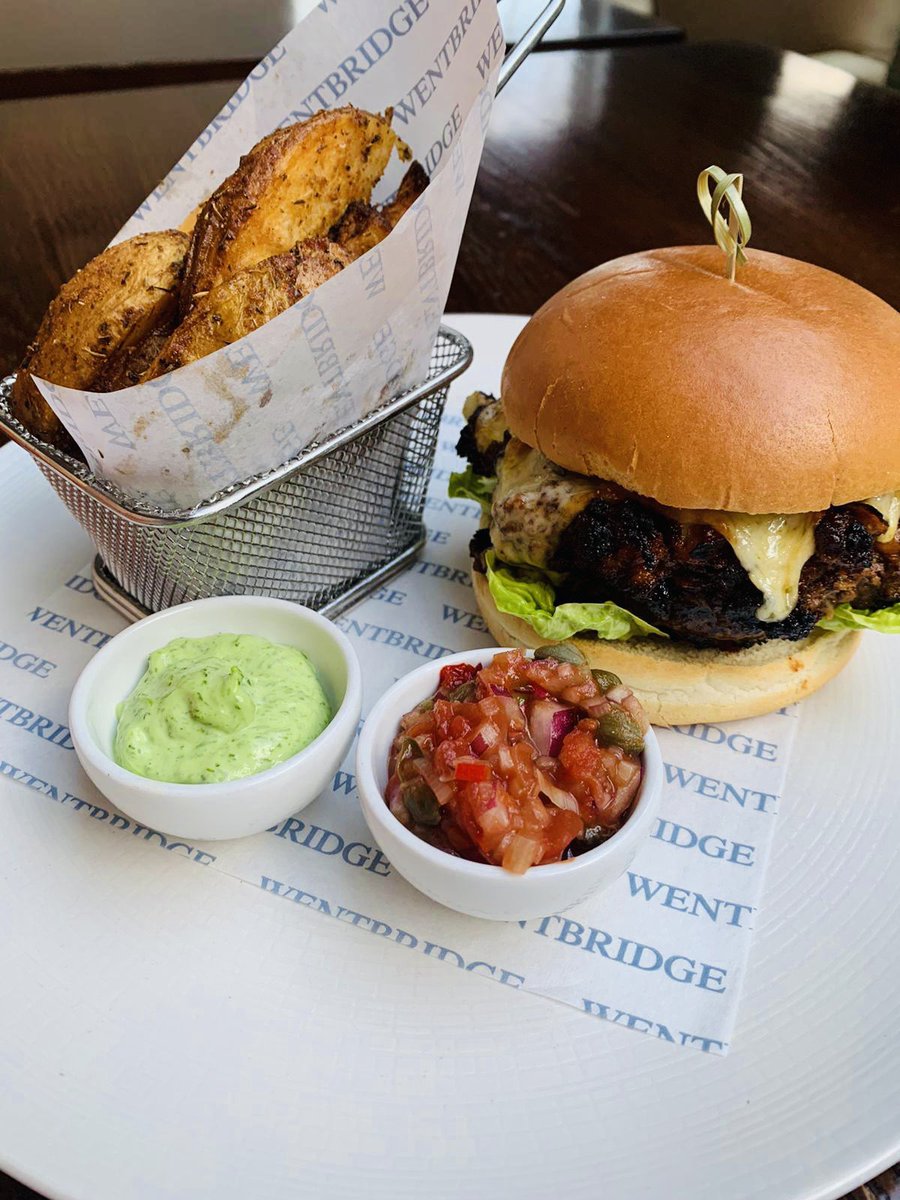 wentbridgehouse's tweet image. Today is Burger Friday! 🍔 

A delicious @DovecotePark Beef Burger served with Spiced Herb Roast Potato Wedges.

Followed by Triple Chocolate Brownie with Vanilla Cream &amp;amp; Cinder Toffee!

#wentbridgehouse #dineathome #restaurantfoodathome #burger #chocolatebrownie
