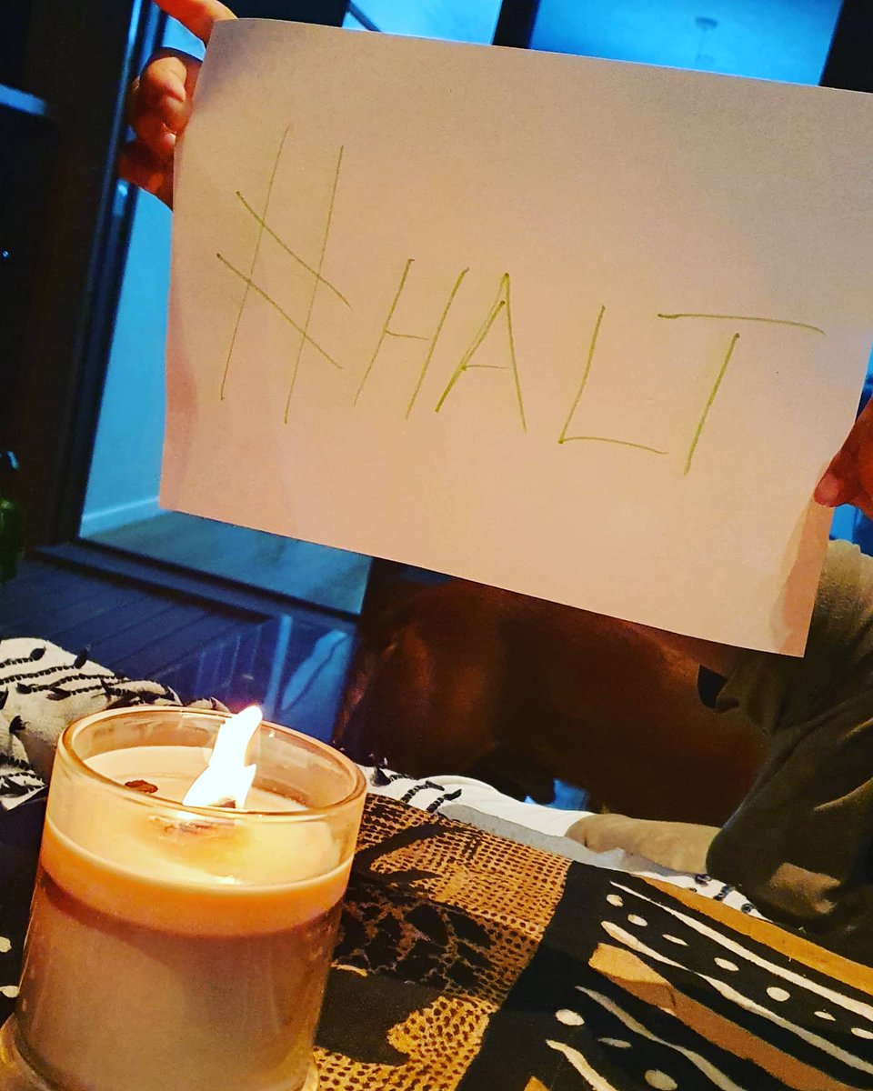 Sharonora's tweet photo. #HALT
#candlelight in remembrance of the tragic loss of #hannahclarke and her babies. 
My son and I took this moment to reflect! domestic or gender based violence need to stop NOW
Talk to your children tonight!
We must raise the #boychild differently!
#smallstepsforhannah
#DV https://t.co/U79dxuAPxC
