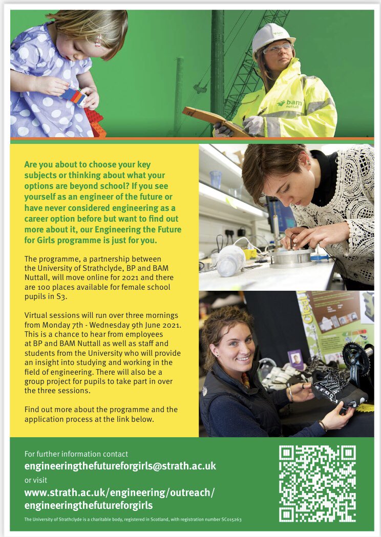 Calling all S3 girls <a href="/BroHighOfficial/">Broughton High</a> ‘Engineering the future for girls’ <a href="/StrathEng/">Strathclyde Engineering</a> 
For further info: engineeringthefutureforgirls@strath.ac.uk or visit: strath.ac.uk/engineering/ou…