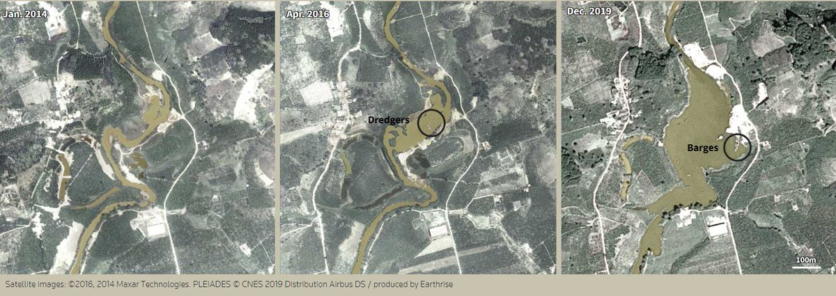 The impact of sand mining is clear in this stretch of the Da Dang River, in the Vietnamese province of Lam Dong. River banks have badly degraded over a five-year period, illustrated in these satellite images released by Digital Globe and Airbus and analyzed by Earthrise Media