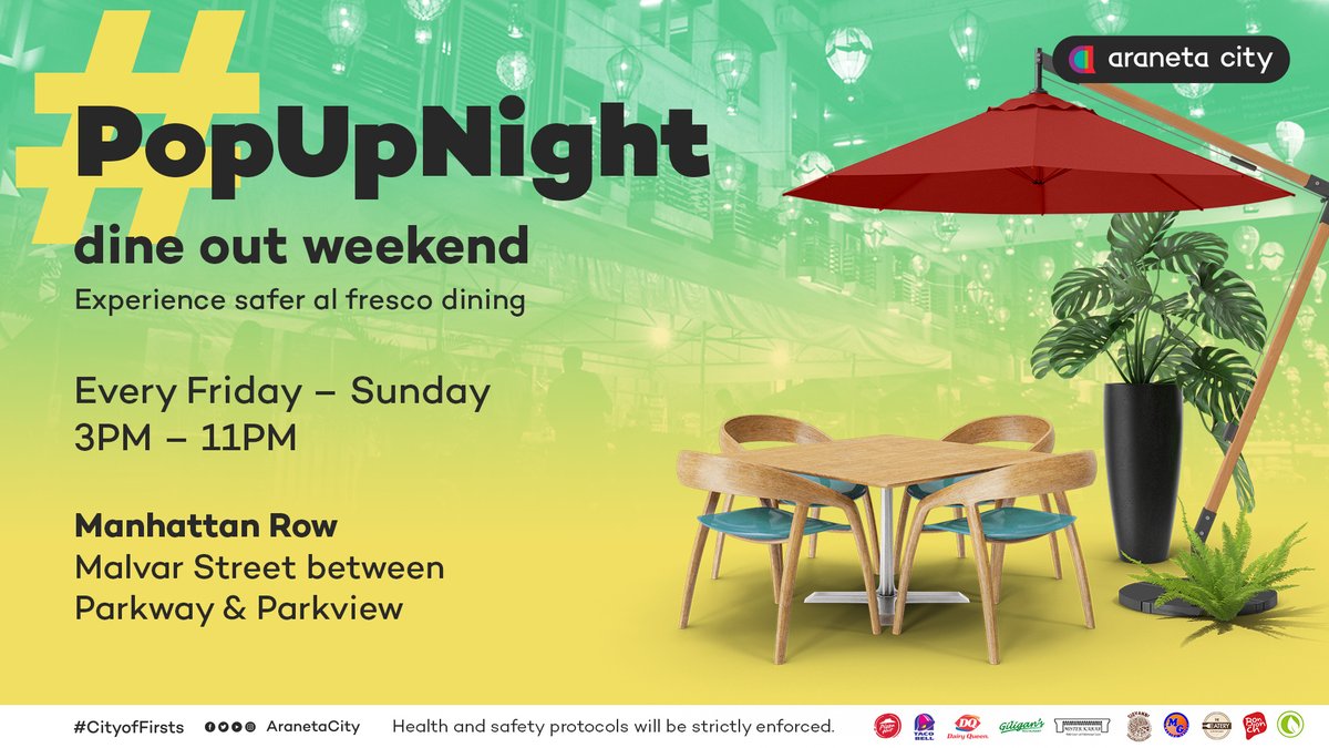 AranetaCity's tweet photo. It's finally Friday! Who's ready for the weekend? 🥳 Spend your Friday night with us here in Manhattan Row for another #PopUpNight!
We value your safety, please observe and follow the community guidelines and health protocols. See you again!
#CityofFirsts #AranetaCity https://t.co/lqqFODJneB