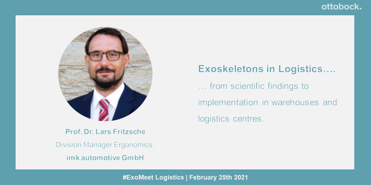 Ottobock_Exos's tweet photo. 6 days to go until #ExoMeet Logistics.

We are happy to welcome Prof. Dr. Lars Fritzsche from @imk_automotive for our Firesidechat. 

Prof. Dr.Fritzsche has contributed significantly to the new Paexo Back study and is an expert in the analysis of #exoskeletons in the field. https://t.co/cmpP953oYu