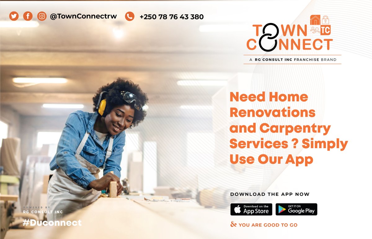 Rgconsultinc's tweet photo. Looking for Professional Carpentry services? Simply Use Our App! TownConnect got the right people to do the right job for you.
Download our app on Android (https://t.co/YSjbV89J6P), iPhone (https://t.co/5muMEZMZe3) or call us on 0787643380
#TownConnectRw
#DuConnect
#RwOT https://t.co/XEu2EJl42M