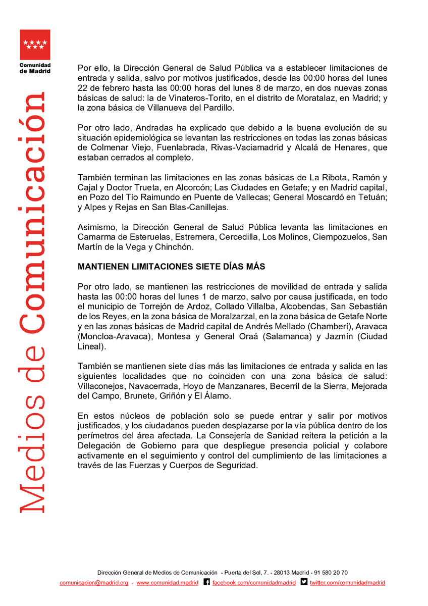 SaludMadrid's tweet photo. La @ComunidadMadrid levanta restricciones en 31 zonas básicas de salud y siete localidades, e introduce limitaciones de movilidad en dos nuevas áreas

#coronavirusmadrid #siempreconmascarilla #COVID19 #coronavirus #Madrid https://t.co/Qsc2D3BtU8