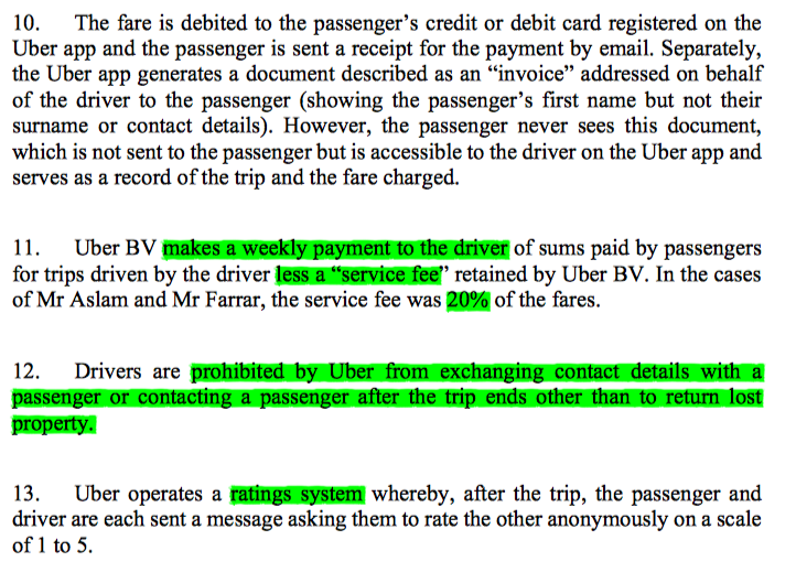 3/ Remember the key facts highlighting in the attachments below. They are crucial to the decision. They concentrate on the constraints placed on the driver - matters of subordination, dependency & limits on their ability to develop business opportunities from passengers.