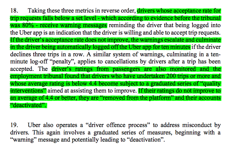 5/ Uber operates various warning and penalty systems that can lead to a driver being automatically logged off the app or removed from the Uber platform altogether. These penalties operate on failure to accept fares & where driver ratings fall below 4.4/5.