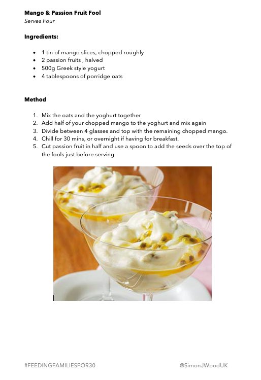 SimonJWoodUK's tweet photo. Iโm releasing easy recipes to try and help people of all skill levels in the kitchen to work with what they have got or the food boxes that they are sent....
Mango & Passion Fruit Fool
Serves Four
#FEEDINGFAMILIESFOR30 https://t.co/nESrnScTVE