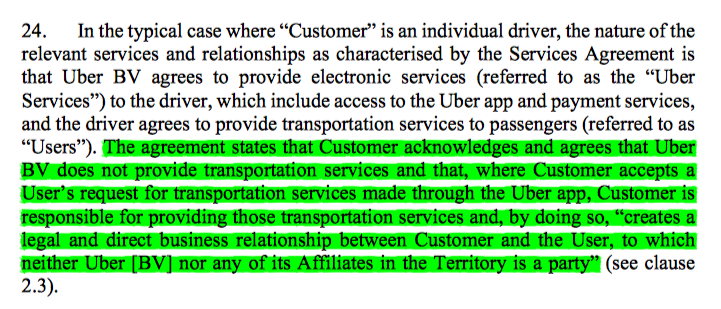 8/ It is the Service Agreement which seeks to create the fiction of a client relationship between the driver & passenger, and an independent contractor relationship between the driver & Uber.