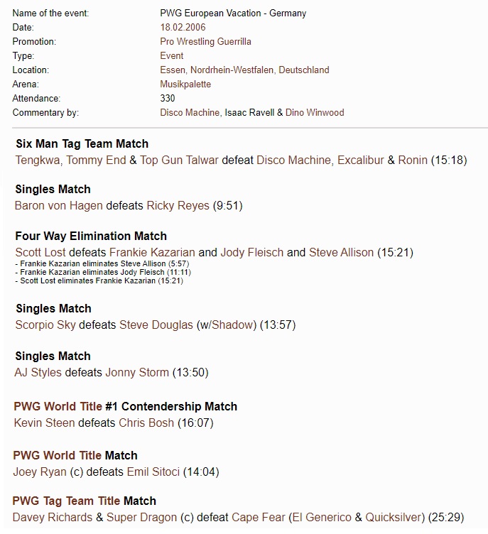 While IPW:UK was running in Orpington, PWG was already starting their European Vacation in Essen, Germany. It was the wXw all-standing-fans-right-up-to-the-ring style, with all the banging on the mat (which SoCal PWG fans then copied when they saw it on DVD), songs etc..[cont]