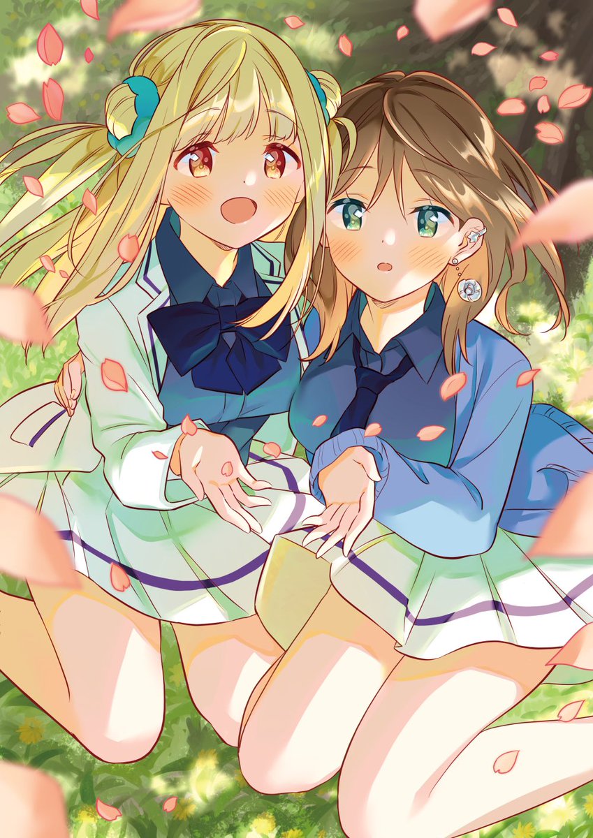 multiple girls 2girls brown hair petals school uniform blonde hair blush  illustration images