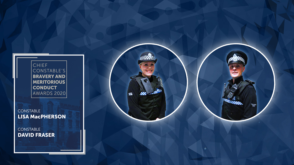 PoliceScotland's tweet photo. PCs MacPherson &amp; Fraser witnessed a speeding vehicle that crashed into the side of a cottage causing a fire. They rescued a man trapped inside &amp; forced entry to the burning cottage rescuing a 61 y/o woman. 
#PolScotAwards https://t.co/u9GZhP3IMR