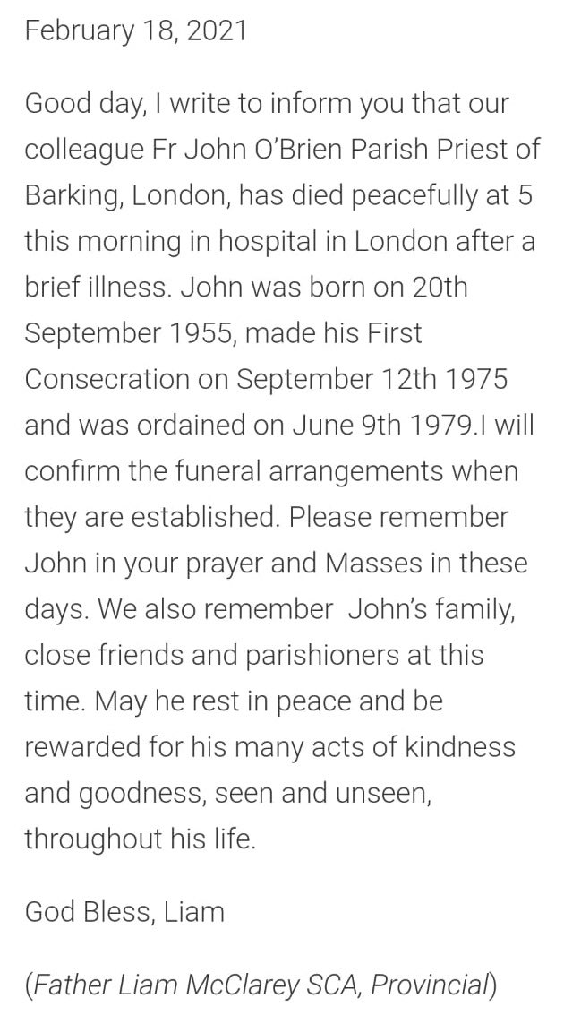 Please join us in prayer for a great friend to our School community Fr John O’Brien has passed away - May perpetual light shine upon him <a href="/cathedralb1/">Cathedral Brentwood</a> <a href="/BrentwoodRC/">Diocese of Brentwood</a> <a href="/BDPost/">The Barking and Dagenham Post</a> <a href="/lbbdcouncil/">Barking and Dagenham Council</a> <a href="/TGSCTrust/">Good Shepherd Catholic Trust</a> <a href="/CathEdService/">Catholic Education Service</a> <a href="/catholicEW/">Catholic Church</a> <a href="/StMagsBarking/">St Margaret's Barking</a> <a href="/BDFaithForum/">Barking & Dagenham Faith Forum</a> <a href="/margarethodge/">Margaret Hodge</a> <a href="/JonCruddas_1/">Jon Cruddas</a>