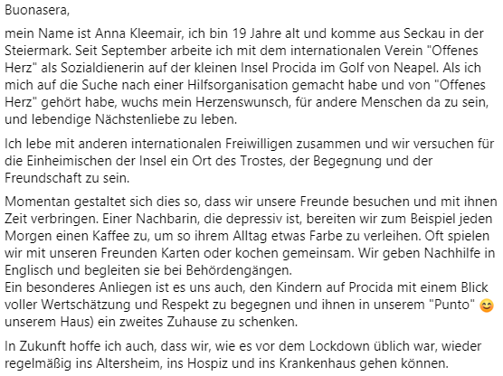 oauslandsdienst's tweet photo. Buonasera,
mein Name ist Anna Kleemair, ich bin 19 Jahre alt und komme aus Seckau in der Steiermark...
#österreichischerauslandsdienst #freiwilligendienst #sozialdienst #italy #procidaisland #offenesherz https://t.co/mI3gjprra4