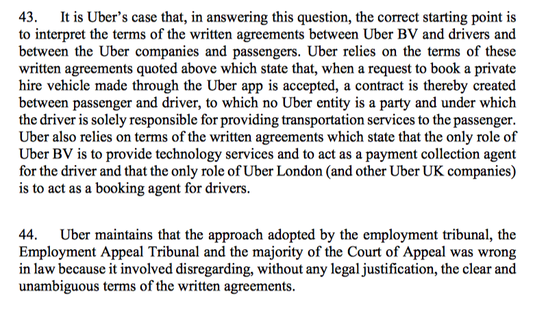 12/ The Court noted that Uber's approach to which end of the telescope the Court should 1st look through was that the written agreements should be the primary focus.