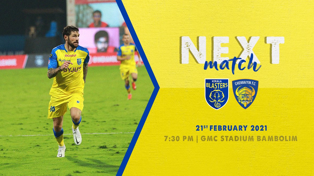 KeralaBlasters's tweet photo. Our penultimate clash of the season takes us back to Bambolim 🏟️

#KBFCCFC #YennumYellow https://t.co/noPhLhQHlj